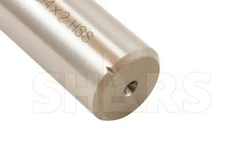 Close-up of the end tip of Rugged HSS End Mill With 1-1/2 Inch Cutting Diameter And 3/4 Inch Shank, 6 Flutes, Shars 404-6267.