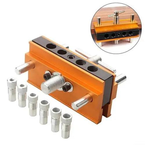 Adjustable Doweling Jig Kit for Straight Holes with Six Drill Guide Bushings Pro Grade Biscuit Joiner Set, aluminum body, multiple bushings visible