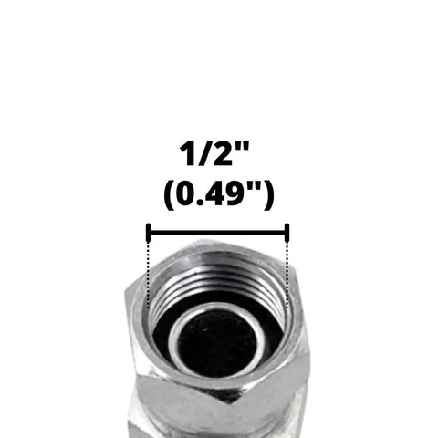 Close-up of Heavy Duty Four SAE ORB Male To Quarter Inch NPSM Female 90 Degree Elbow Swivel Hydraulic Adapter Fitting with dimensions.