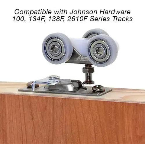 Pocket Door Hanger Ball Bearing 1125 1 Inch Wheel For Sliding Doors, 200 Lb Capacity, installed on wooden track