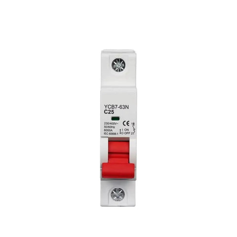Easy Install C Curve 230/400V AC Miniature Circuit Breaker for DIN rail mounting, 1P, front view, C25 model, red switch visible.