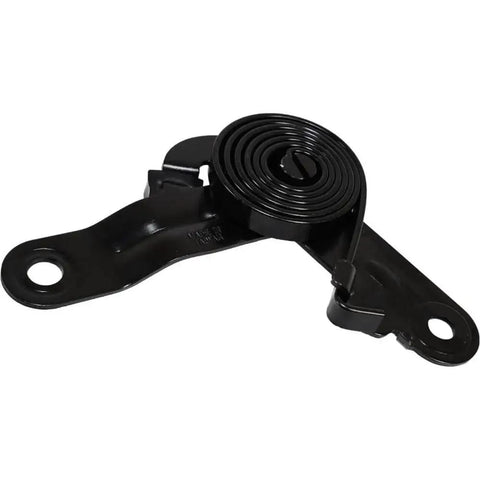 Close-up of black metal hood hinge assembly with coiled torsion spring