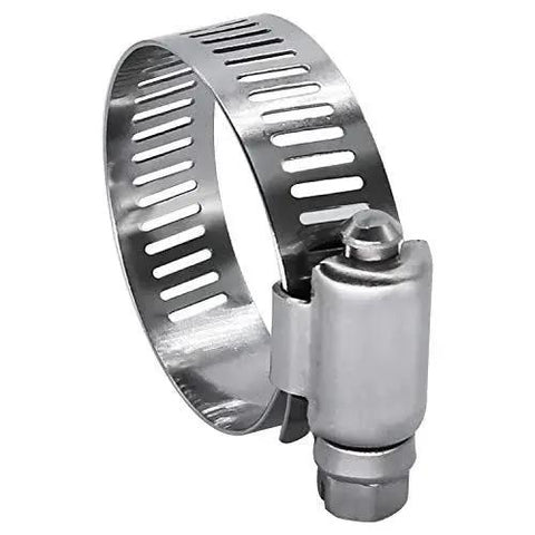 Stainless Steel Worm Gear Hose Clamp Three Quarter Inch Size Band Width Half Inch SAE 12 Full Stainless Construction Fits 17mm to 32mm Hoses 10 Pack for Auto Marine and Home Plumbing Projects.