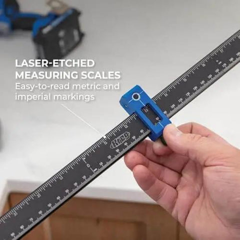 Close-up of Cabinet Hardware Jig Pro XL Flexible Full Length To Compact Setup with laser-etched measuring scales and modular bar