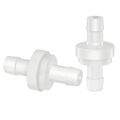 Inline check valve, 1/4 inch hose ID, white plastic, pack of 2.