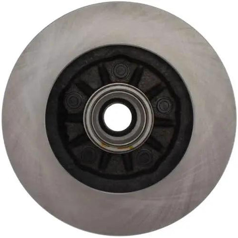Centric front brake rotor with central hub bearing; round silver metal disc.
