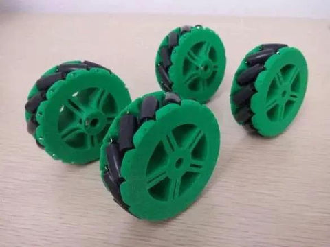 Green 64mm Mecanum Omni Wheel for DIY Robots and 3D Printing Projects Rubber Rolling Drive, black rollers, multiple hole sizes