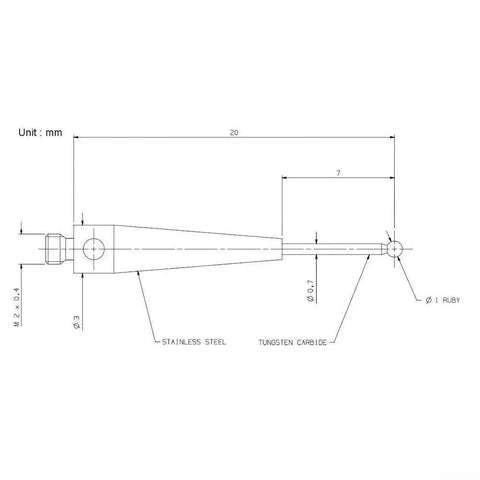 Technical drawing of CMM Touch Probe Stylus With 1mm Ball Tip 20mm Length M2 Thread For Coordinate Measuring Machines Straight Styli.