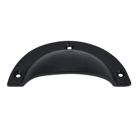 Front view of Set Of 10 Cast Iron Cup Drawer Pulls With Black Coated Finish, Dimensions 3.75 by 1.63 Inches And 3.25 Inch Cup Diameter