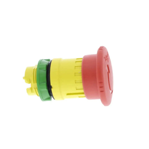 Side view of Emergency Stop Push Button Head 40mm Red Mushroom for Harmony X85 22mm, yellow base, turn-to-release mechanism.