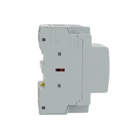 Side view of 8 Pole Contactor Bundle with Dual 4 Pole NO AC Contactors 120V Coil Heavy Duty 50 Amp device on DIN rail