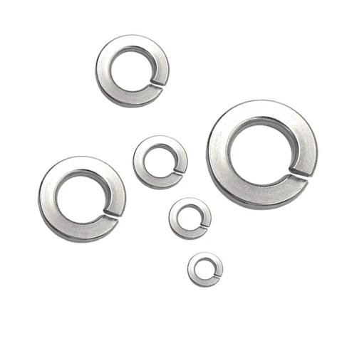 Spring lock washers set, stainless steel SAE, six sizes (1/4 in to 5/8 in), anti-loose split washers for bolts and screws.