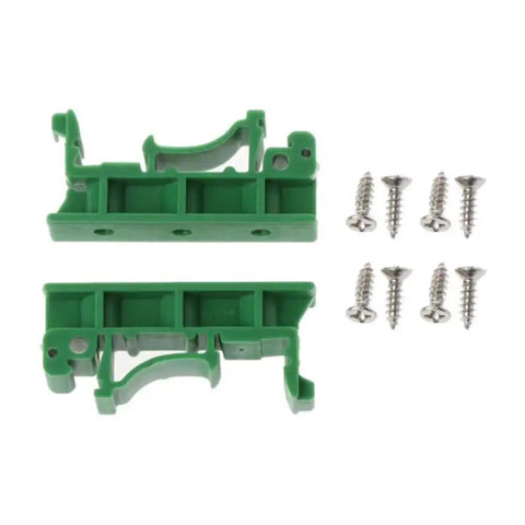 Din Rail PCB Mounting Adapter Kit For C45 Rail With 35mm And 15mm Spacers, shown with screws, green PA66 plastic