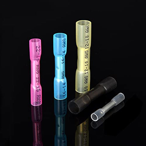 Heat shrink butt connectors for 12-10 AWG, color-coded pink, blue, yellow with black/clear sleeves.