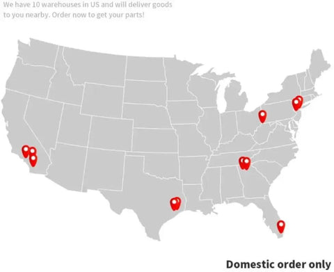 Map of US with 10 warehouse locations for domestic orders marked by red pins