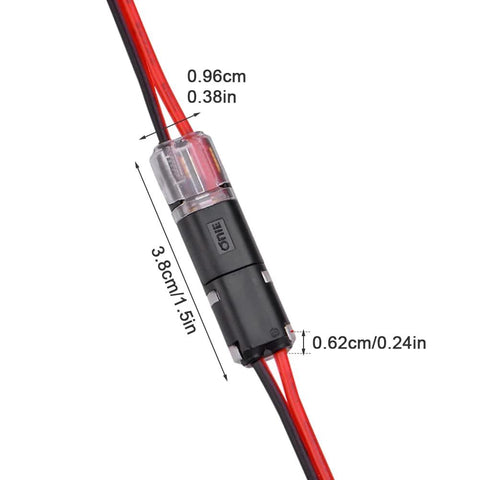 Close-up of 20 Pack Double-Wire Push-In Connectors with Locking Buckle, showing dimensions and transparent design.
