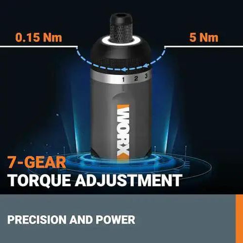 7-gear torque adjustment feature of 4V Lithium Cordless Screwdriver Kit With 30 Piece Accessory Pack, showcasing precision and power.