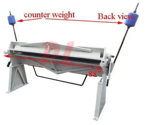 Back view of 80 Inch Pan And Box Brake Bender For Metal Fabrication with counterweights, 12 Gauge Mild Steel Capacity, removable legs visible.