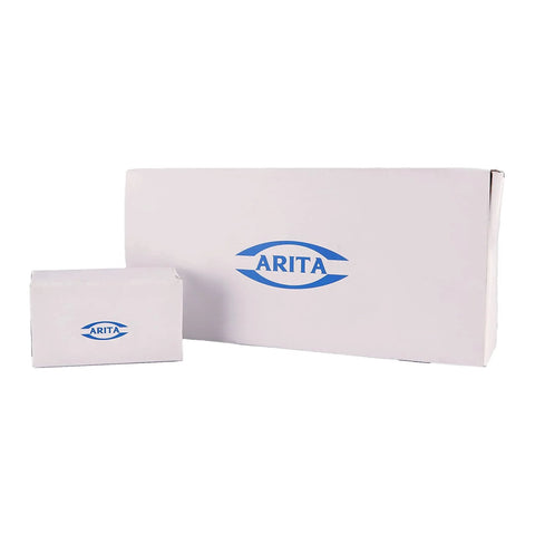 ARITA white packaging boxes, small and large, blue ARITA logo on front.