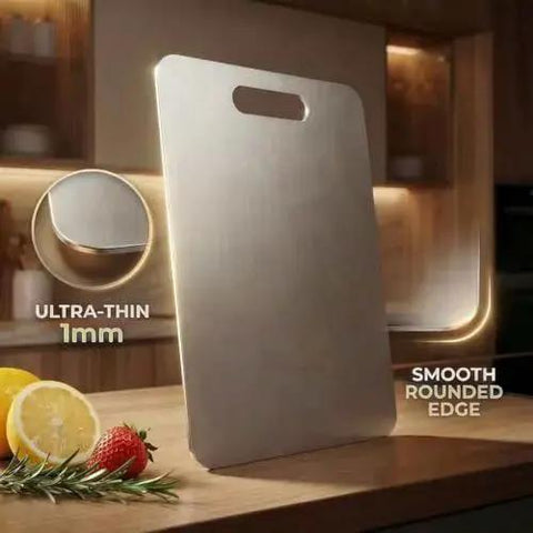 Stainless Steel Cutting Board Set for Kitchen Three Piece Non Toxic Warp Proof Dishwasher Safe With Easy Grip Handles shown on counter