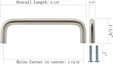 Solid Wire Cabinet Pulls Ultra Minimal Handles For Cupboards And Drawers, Satin Nickel Finish, dimensions diagram with screws