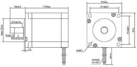 Technical diagram of Heavy Duty Nema 23 CNC Stepper Motor With 3Nm Torque 425 Oz In 114mm Size showing dimensions and specifications.