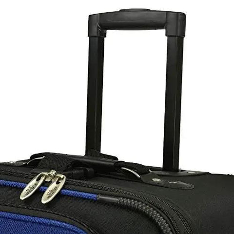 Close-up of handle on New Yorker Lightweight Expandable Rolling Luggage Set By U S Traveler Blue 4 Piece Suitcase, showing smooth zipper