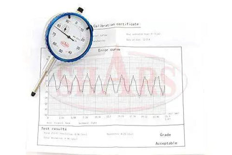 176 Lbs Magnetic Base Indicator Holder With Speed Set Fine Adjustment For Pro Grade Precise Setup And Quick Dial Indicator Alignment Includes One Inch Dial Indicator With One Thousandth Inch Resolution Model 3033111S For Milling And Machining shown on calibration certificate and error curve graph