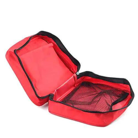 Open view of Compact Red First Aid Bag For Emergency Medical Supplies With An Organized Interior And Multiple Pockets Grab And Go Portable Kit.