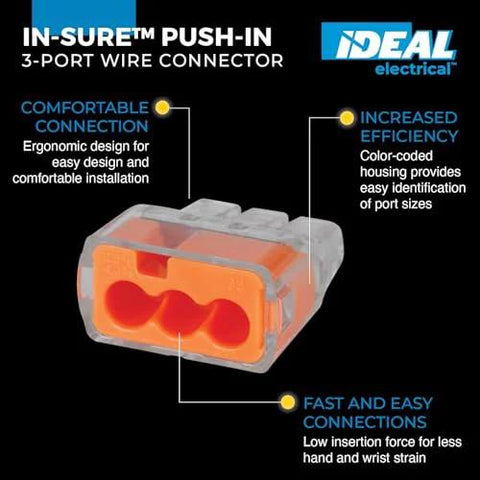 Ideal In-Sure Push-In 3-Port Wire Connector, clear housing with orange color-coded ports for solid and stranded wires
