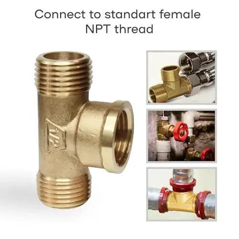 Brass Pipe Tee One Half Inch Male To One Half Inch Female To One Half Inch Male Three Way Connector with threaded ends