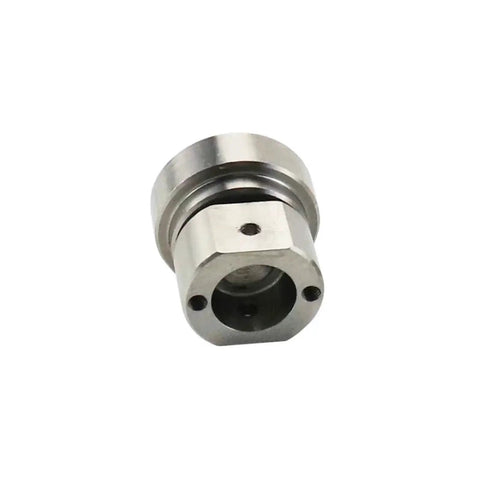 Stainless steel damping hinge rocker arm joint bracket, close-up view with central bore and mounting holes.