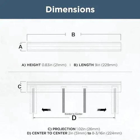 Dimensions of 5 Pack Adjustable Drawer Pulls in Champagne Bronze showing height, length, and center-to-center measurements.