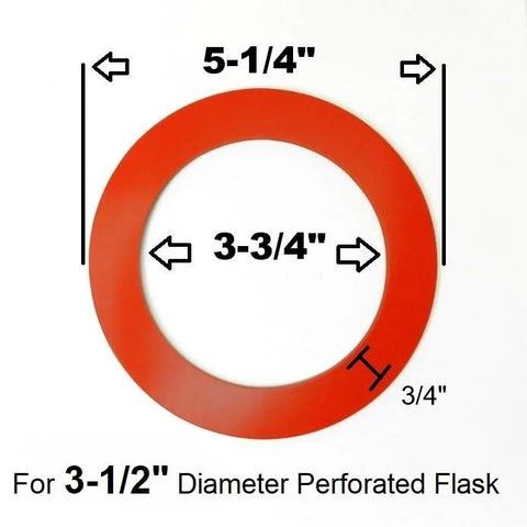 Gasket ring for 3-1/2 in perforated flask; red silicone, outer 5-1/4 in, inner 3-3/4 in, 3/4 in thick.