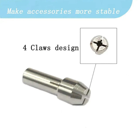 Close-up of Quick Change Rotary Collet Set with 4-claw holder for Dremel tools, stainless steel, highlighting clamping design.