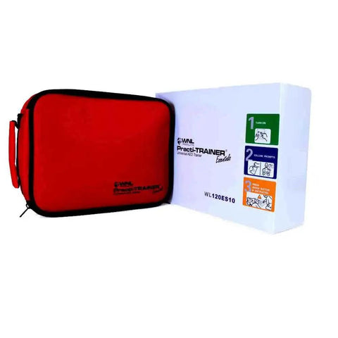 Practi Trainer Essentials AED Training Kit Base Model With Reusable Adult And Child Training Pads for CPR in red case and box
