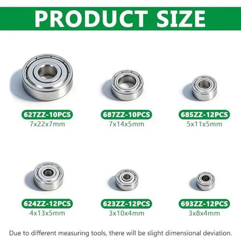 Aienxn ball bearing kit, 68pcs, six sizes: 627ZZ, 687ZZ, 685ZZ, 624ZZ, 623ZZ, 693ZZ; carbon steel, double shielded.