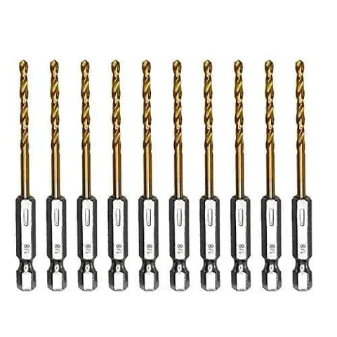 Titanium HSS Twist Drill Bit Set With 1/8 Inch Hex Shank, 10-Piece, Impact Ready For Metal Steel Wood Plastic