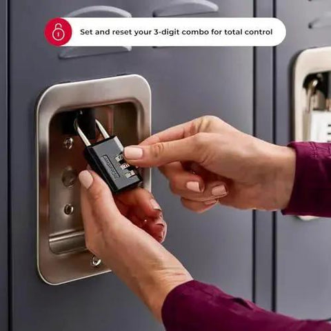 Person using Three Dial Combination Padlock for Indoor Lockers Luggage and Cabinets on a locker door