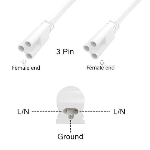 Four Pack 6 Foot T5 T8 LED Shop Light Connecting Wires Dual Ended Linkable Cables For LED Tube Fixtures No Soldering Required Plug And Play 3 Pin Connectors For Ceiling Lamps showing 3 pin female connectors and wiring diagram.