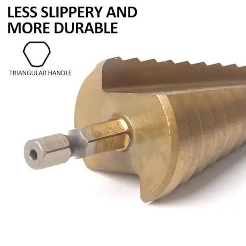 Close-up of titanium-coated step drill bit for metal and masonry, triangular handle, durable carbon steel design.