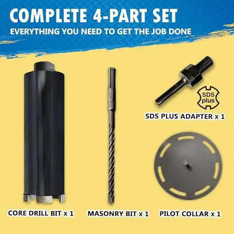 Complete set with core drill bit, masonry bit, SDS Plus adapter, and pilot collar for Dry And Wet Pro Grade Multipurpose Core Bit