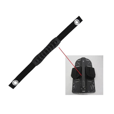 Technical Diving Metal Backplate Strap With Nylon Webbing And BCD Back Panel Handle next to scuba gear setup, black durable design