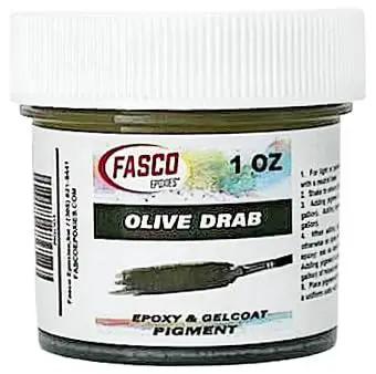 Olive Drab Pigment For Epoxy Resin And Gelcoat By Fasco Epoxies Universal Concentrated Colorant For Epoxy Resin Gelcoat Polyester Resin And Casting Systems Delivers Rich Vibrant Color With Minimal Use 1 Oz. Close-up of 1 oz jar with label "Olive Drab," white lid, designed for epoxy resin, gelcoat, and casting system use.