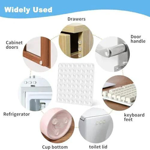 2 Pack Self Adhesive Bumpers 1/2 Inch Diameter Clear Round Cushions 64 Pieces demonstrating use on furniture and appliances