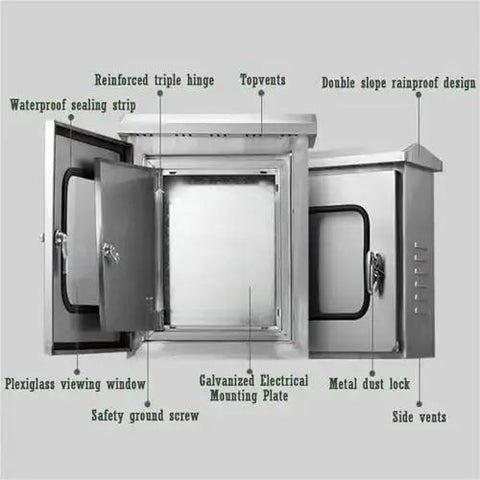 Heavy Duty Waterproof Stainless Steel Electrical Enclosure Box For Outdoor Commercial Use 20x16x6 Inches with doors open and features labeled