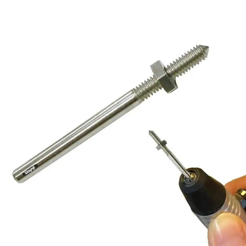 Mini Threaded Mandrel With W Nut Straight Thread Three Piece Set Nickel Plated Steel for Rotary Tools, shown with shank and tool.