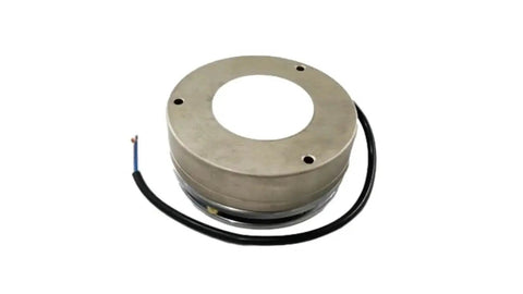 Front view: round electromagnetic brake housing with central bore, mounting holes, and black wire
