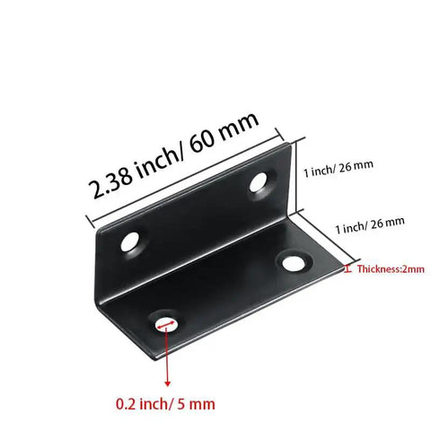 10 Piece Stainless Steel L Bracket Set 2.38x1x1 Inch Heavy Duty 90 Degree Corner Braces Black with dimensions and screw holes visible