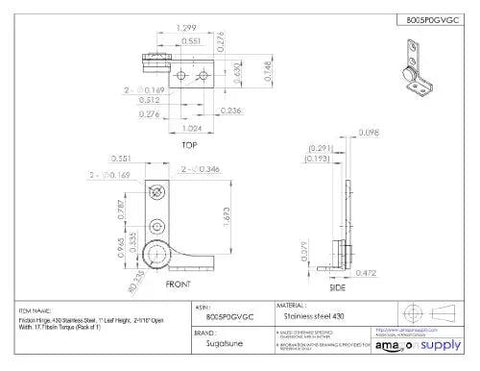Technical drawing of a Friction Hinge for Cabinets and Enclosures, Heavy Duty 430 Stainless Steel, 1 Inch Leaf Height, and 17.7 lbs Per Inch Torque.
